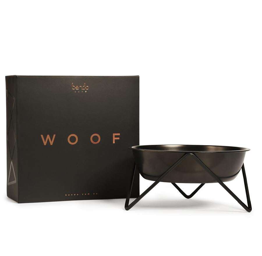 Bendo Woof Pet Dog Bowl Black on Black with Gift Box