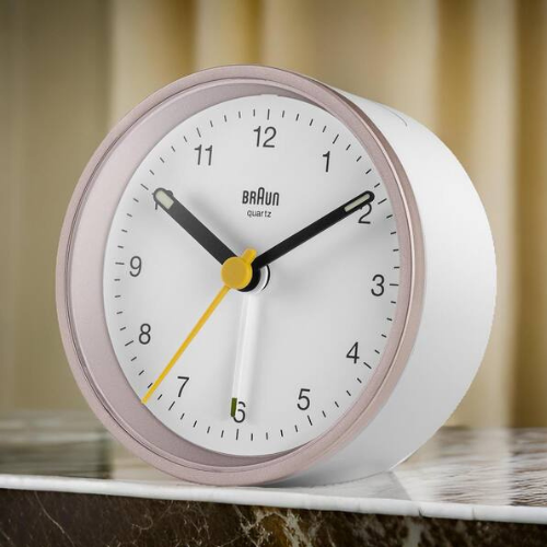 Braun Classic Analogue Alarm Clock in White/Rose 8cm BC12PW life01